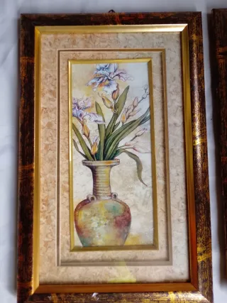 Cuadro Flores Jarrón Dorado Madera