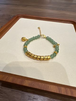 Pulsera Cuenta Estilo Jade Verde y Dorada