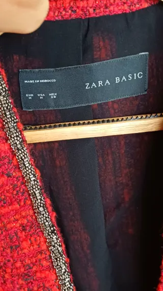 Chaqueta Zara Tweed Roja Pedrería Talla M