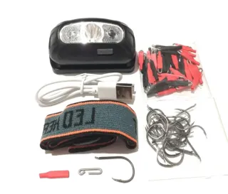 12 plomos pesca 120g, grapas, linterna, anzuelos