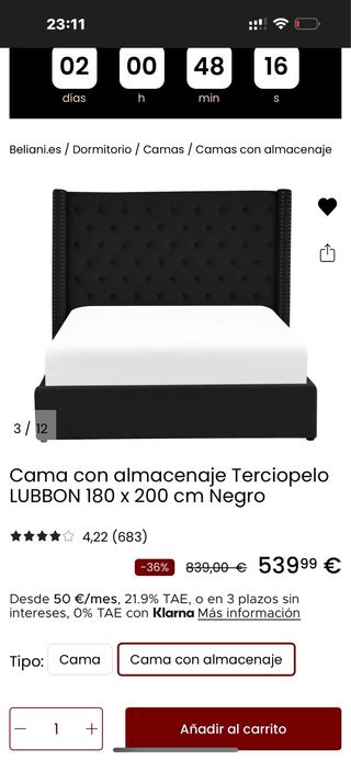 Cama abatible tapizada terciopelo negro
