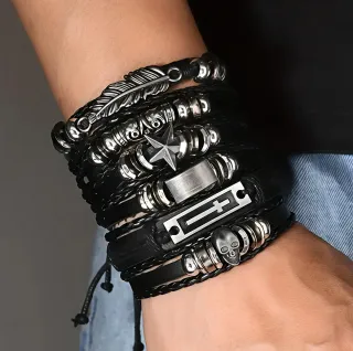 Set Bracciali Uomo Pelle Nera Argento