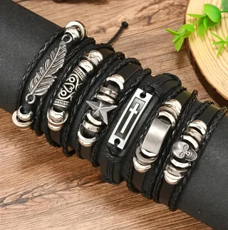Set Bracciali Uomo Pelle Nera Argento