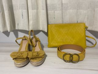 Zapatos, cinturón y bolso amarillo
