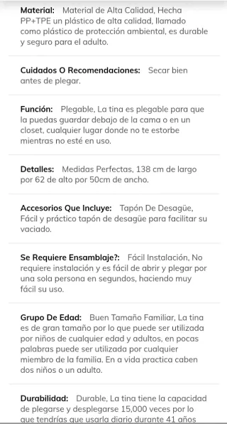 Bañera Portátil Grande L 138cm CRS. A ESTRENAR.