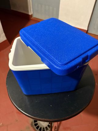 Nevera portátil azul y blanca