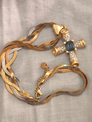 Colgante Cruz Chapado Oro Circonitas Piedra Azul