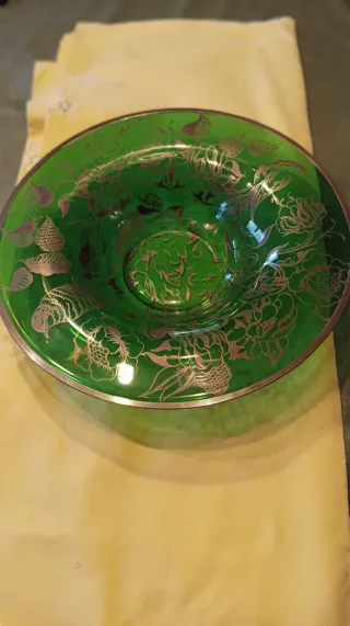 Frutero de vidrio verde plata flores años 50