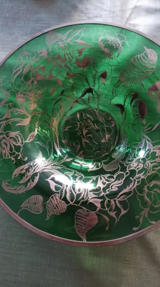 Frutero de vidrio verde plata flores años 50