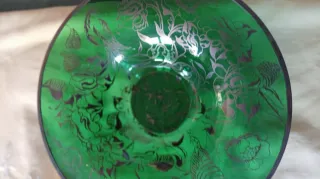 Frutero de vidrio verde plata flores años 50