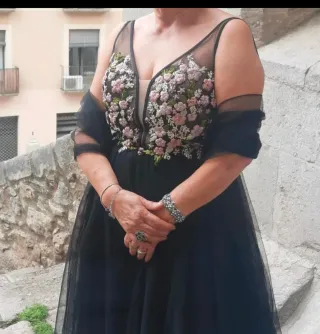 Vestido Fiesta Marfil Barcelona Negro Flores