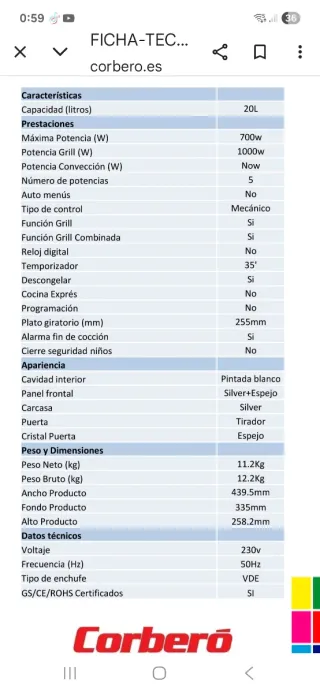 Microondas y Grill Corbero