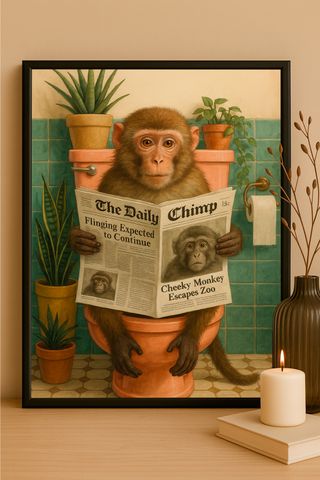 Cuadro Mono en Baño con Periódico