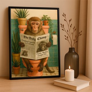 Cuadro Mono en Baño con Periódico