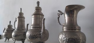 Juego teteras antiguas de alpaca bañado en plata