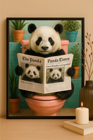 Cuadro Panda en Baño con Periódico