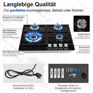 Piano cottura a gas 4 fuochi vetro nero