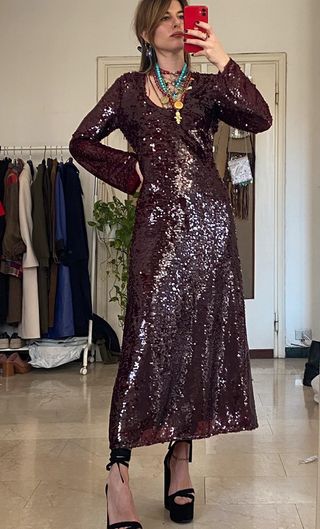 Vestido fiesta lentejuelas largo Zara burdeos