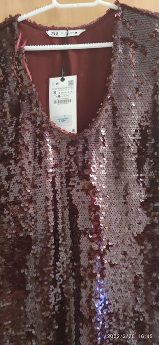 Vestido fiesta lentejuelas largo Zara burdeos