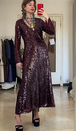 Vestido fiesta lentejuelas largo Zara burdeos