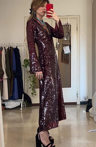 Vestido fiesta lentejuelas largo Zara burdeos