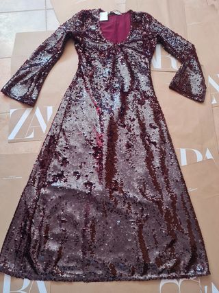 Vestido fiesta lentejuelas largo Zara burdeos