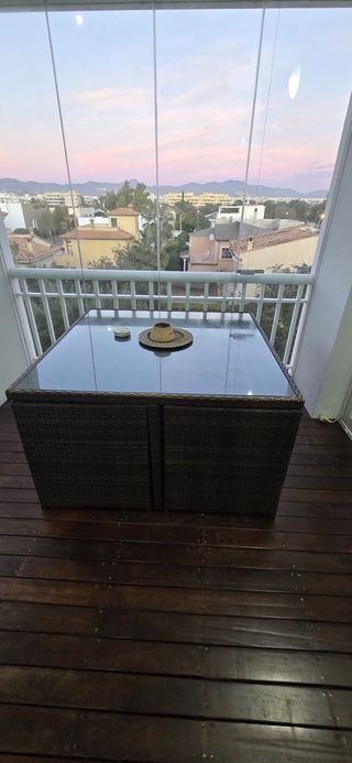 Mesa y 4 Sillas Exterior Cristal y Mimbre