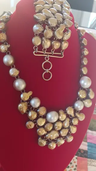 Conjunto Plata y Perlas Doradas