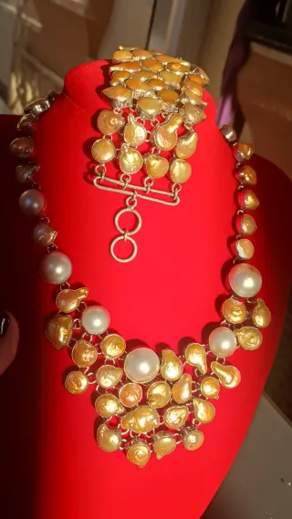 Conjunto Plata y Perlas Doradas