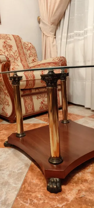 Conjunto mesas centro cristal y madera