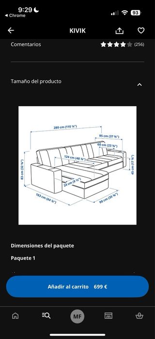 Sofá Kivik IKEA gris 3 plazas y chaiselongue