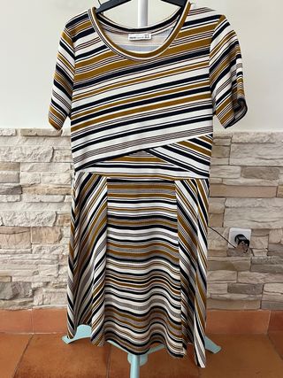 Vestido crudo rayas ocre y marino, manga corta