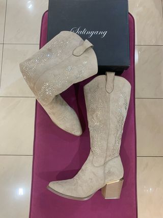 Stivali texani camoscio beige con brillanti