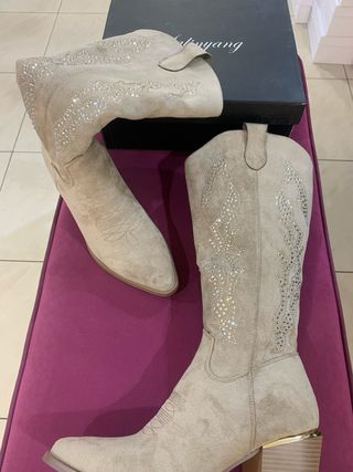 Stivali texani camoscio beige con brillanti
