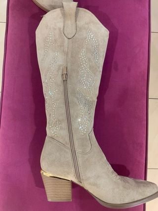 Stivali texani camoscio beige con brillanti