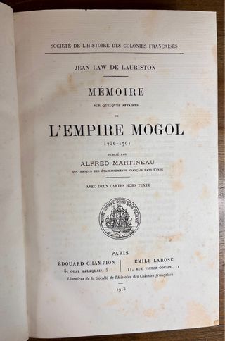 Libro “Mémoire sur l’Empire Mogol”, edición 1913