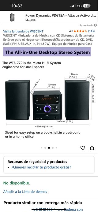 Minicadena WISCENT CD Bluetooth USB