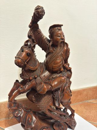 Statua Guerriero Cinese Legno Massello Intagliato