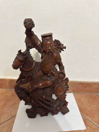 Statua Guerriero Cinese Legno Massello Intagliato