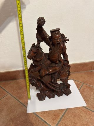 Statua Guerriero Cinese Legno Massello Intagliato