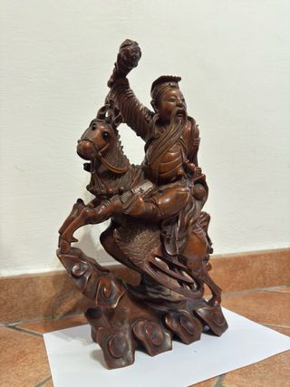 Statua Guerriero Cinese Legno Massello Intagliato