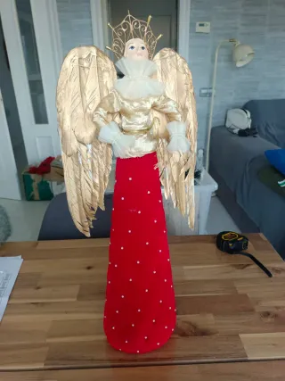 Figura Ángel Navidad Dorada Roja,falda aterciopela