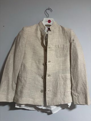 Traje comunión de lino para niño, beige y blanco