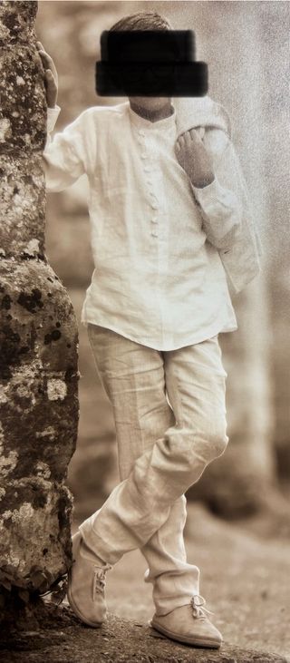 Traje comunión de lino para niño, beige y blanco