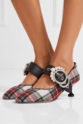 Scarpe Miu Miu a Tartan con Fibbia Perla taglia 38.5