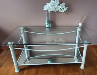 Mesa centro cristal vintage metal blanco