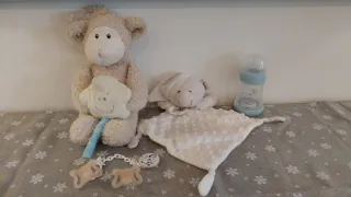 Lote bebé: peluche, doudou, biberón, chupetes
