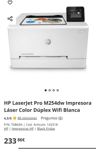 HP LaserJet Pro M254dw Impresora Láser Color Dúplex Wifi Blanca
