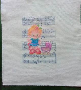 Cuadro punto de cruz niña y carrito