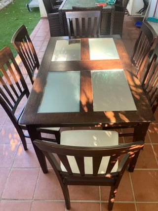 Mesa comedor madera y cristal + 6 sillas